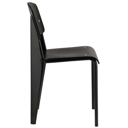 Side view of black metal dining chair with curved seat and backrest, tubular legs, minimalist industrial design.