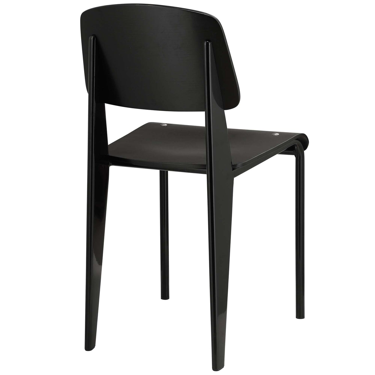 Black dining side chair with curved back, flat seat and glossy finish; modern, minimalist.