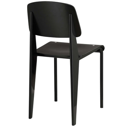 Black dining side chair with curved back, flat seat and glossy finish; modern, minimalist.