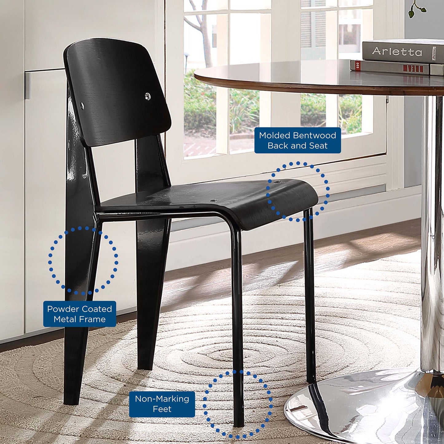 Black molded bentwood chair on a powder-coated metal frame with non-marking feet, modern dining chair.