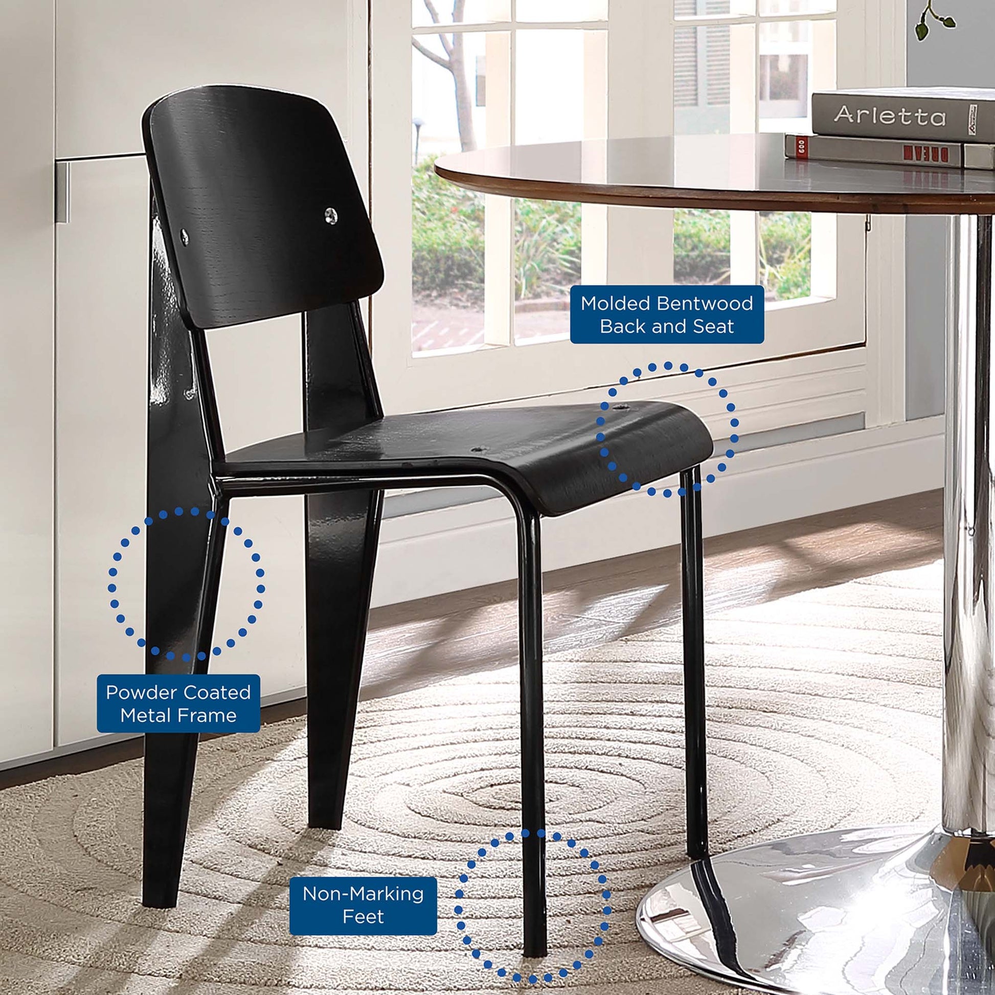 Black molded bentwood chair on a powder-coated metal frame with non-marking feet, modern dining chair.