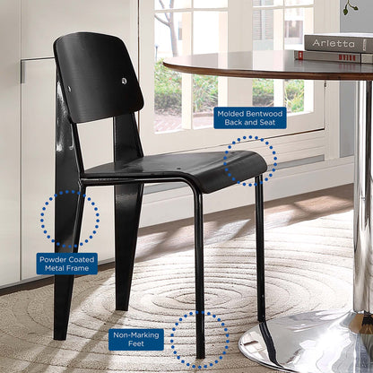 Black molded bentwood chair on a powder-coated metal frame with non-marking feet, modern dining chair.