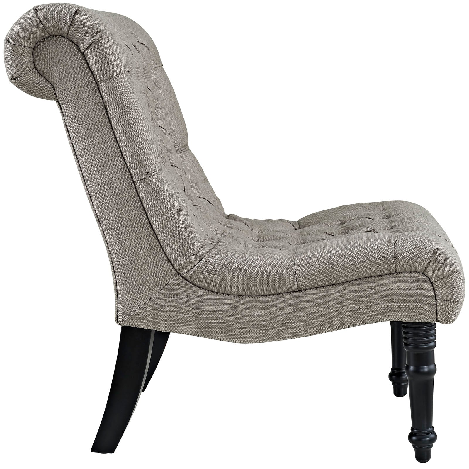 Taupe-gray tufted armless lounge chair with a curved rolled back and dark wood legs.