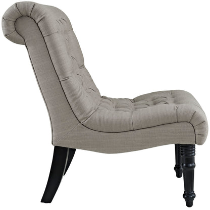 Taupe-gray tufted armless lounge chair with a curved rolled back and dark wood legs.