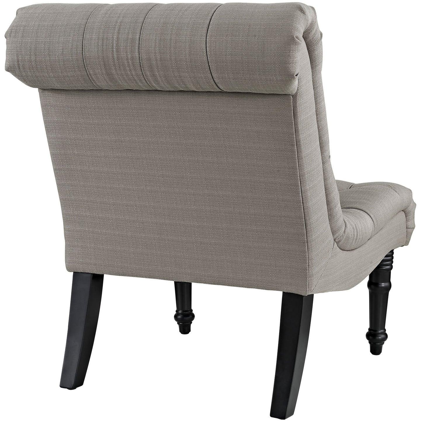 Taupe fabric accent armchair with rolled headrest cushion and dark wood turned front legs.