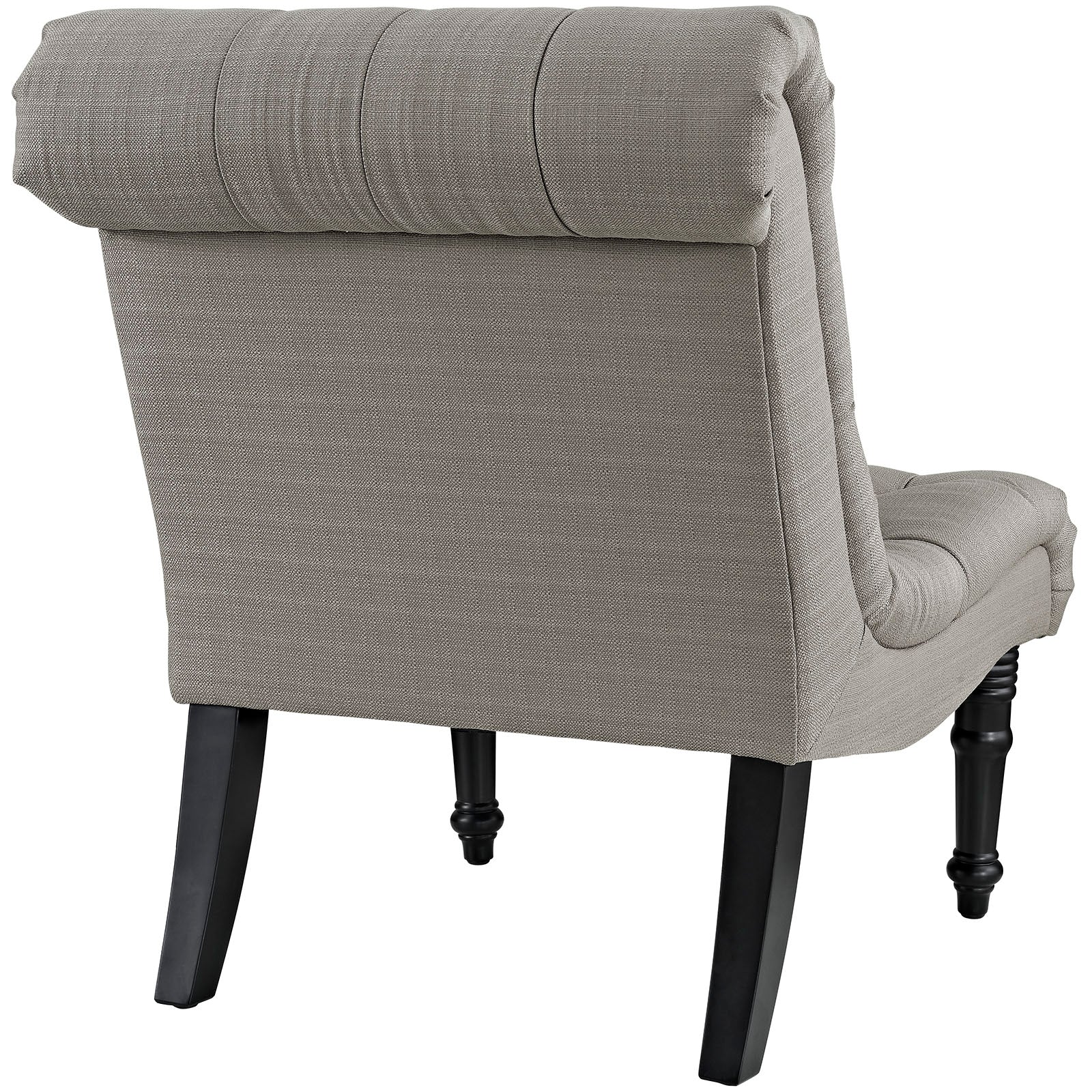 Taupe fabric accent armchair with rolled headrest cushion and dark wood turned front legs.