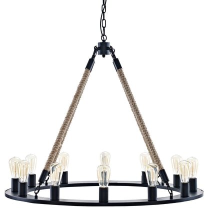 Industrial circular pendant chandelier with natural rope suspensions and a brown metal ring supporting multiple Edison bulbs.