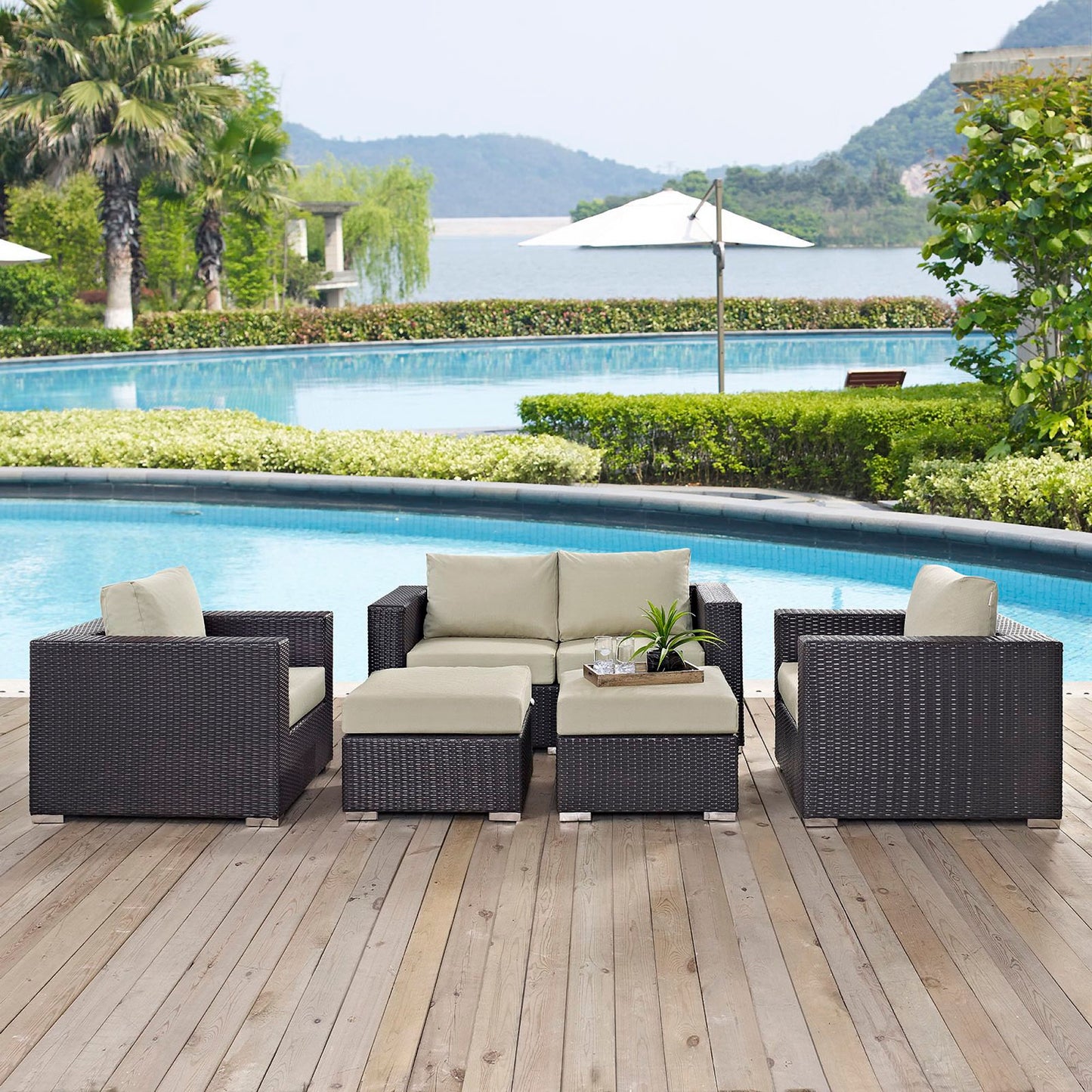 Modway - Convene 5 Piece Outdoor Patio Sofa Set by Modway  Outdoor Furniture Sofa Sectionals Brown - EEI-2158-EXP-BEI-SET