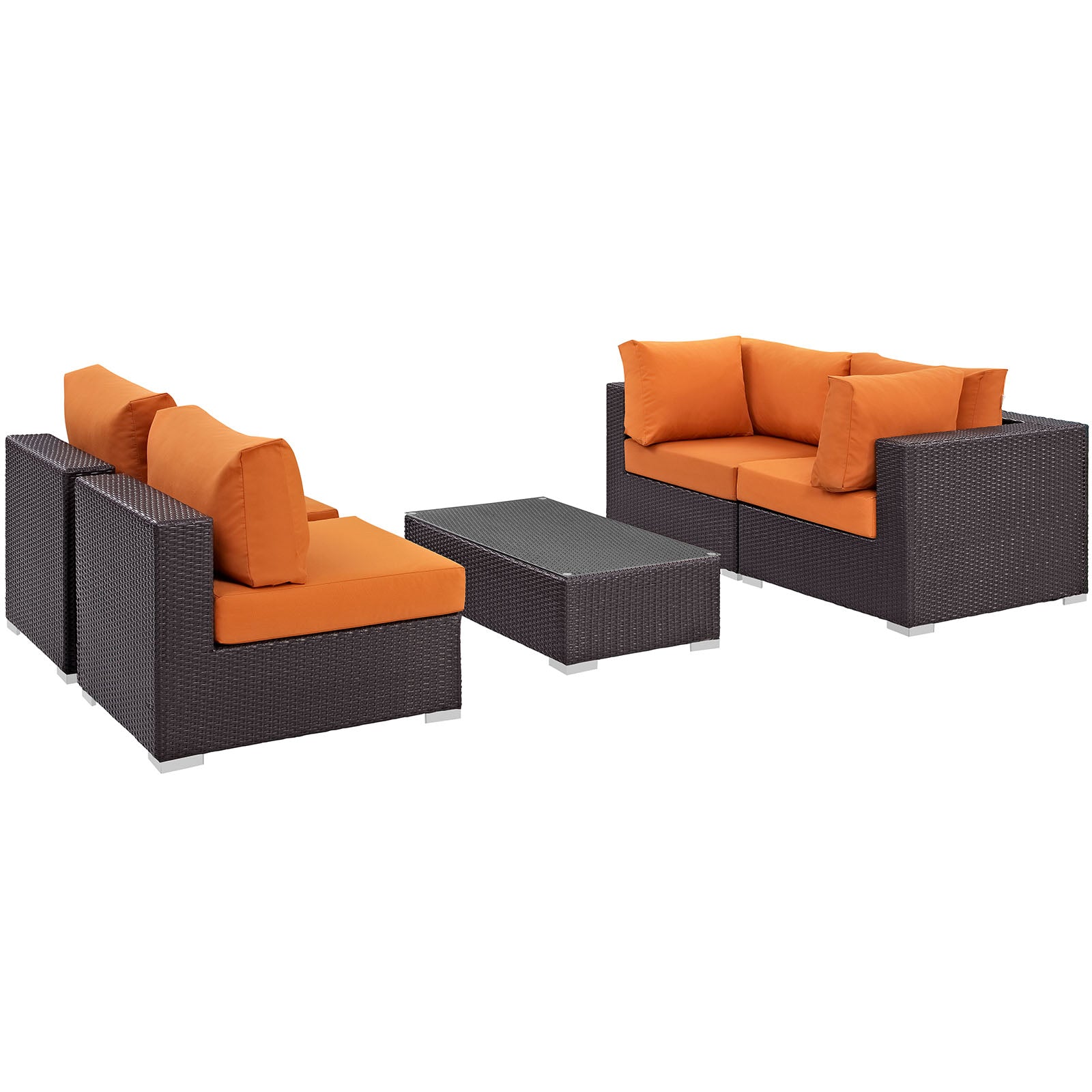 Espresso brown wicker outdoor 5-piece sectional patio set with orange cushions and a rectangular coffee table.