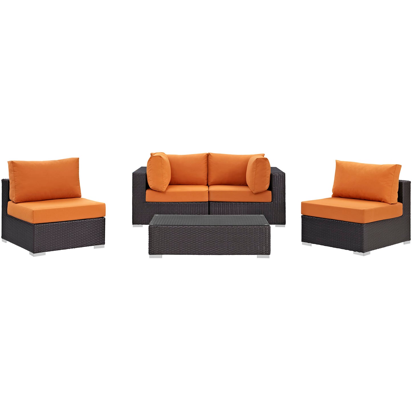 Outdoor dark brown wicker set with orange cushions: two single chairs, a two-seat sofa, and glass coffee table.