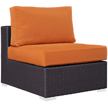 Dark brown wicker outdoor sectional set with bright orange cushions; 5-piece modern patio seating.