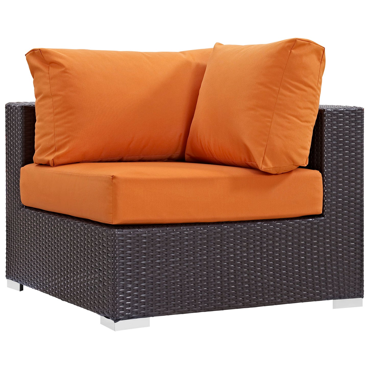 Dark espresso brown wicker 5-piece outdoor sectional set with bright orange cushions and back pillows.