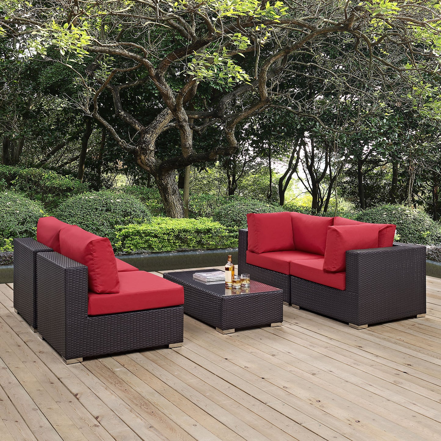 Modway Outlet Convene 5 Piece Outdoor Patio Sectional Set by Modway  Outdoor Furniture Furniture Espresso Red - EEI-2163-EXP-RED-SET
