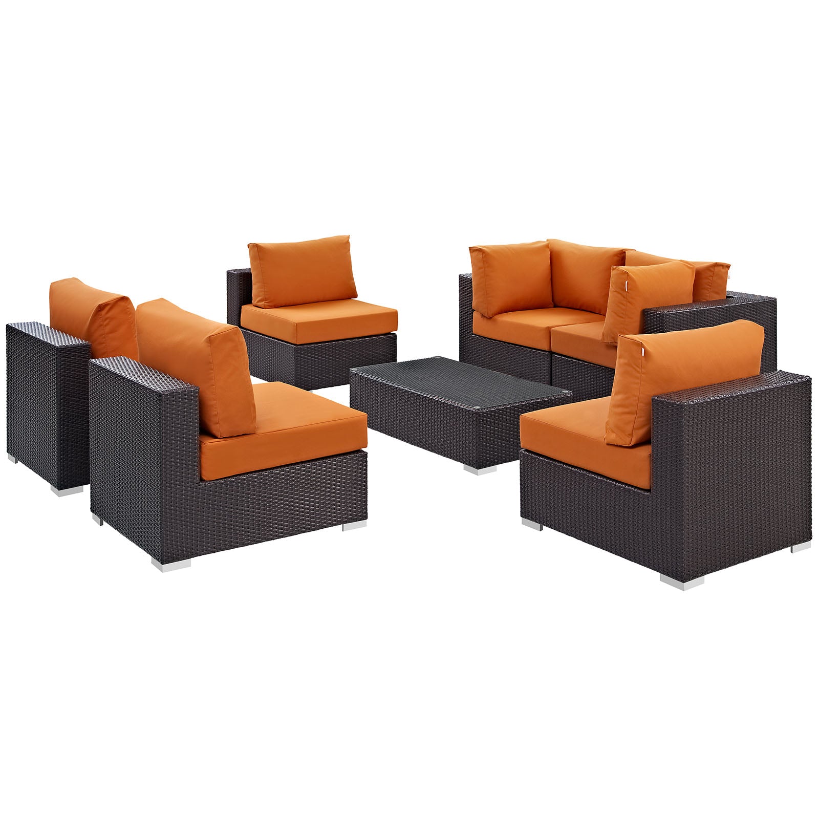 Dark wicker outdoor 7-piece sectional patio set with orange cushions, arranged around a central coffee table.