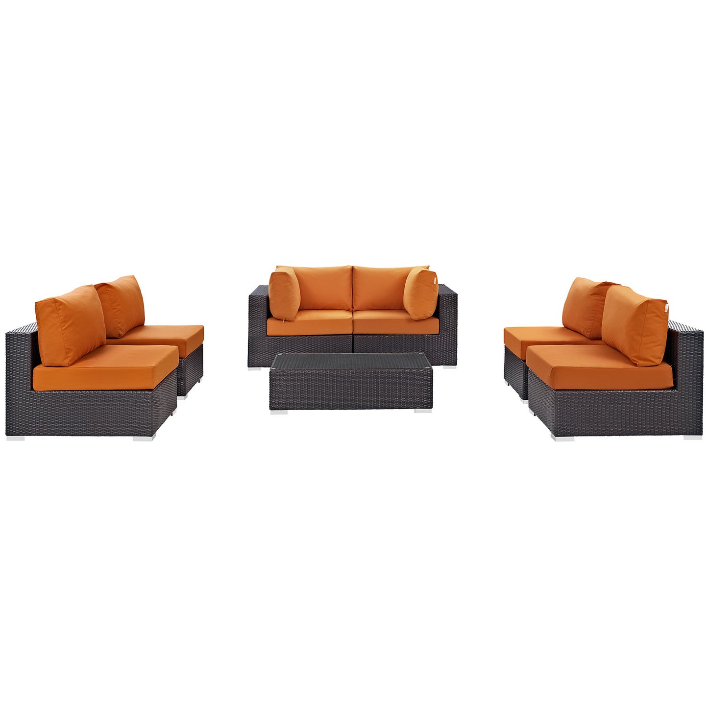 Outdoor dark-brown wicker 7-piece sectional patio set with orange cushions and a matching coffee table.