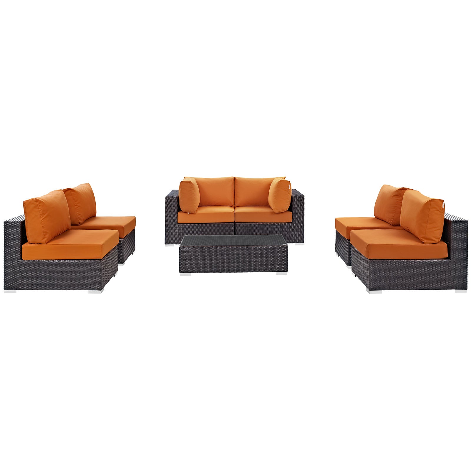 Outdoor dark-brown wicker 7-piece sectional patio set with orange cushions and a matching coffee table.