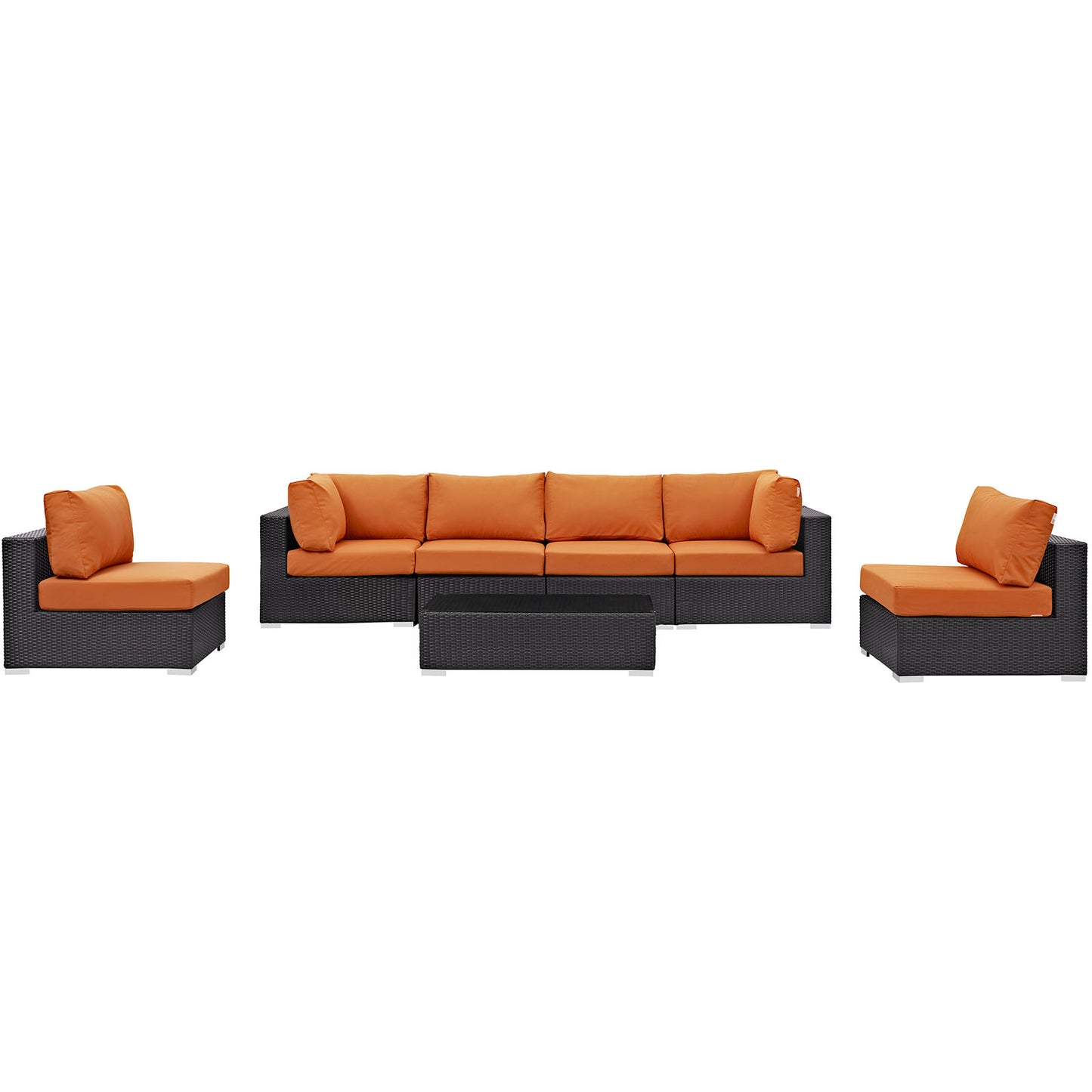 Outdoor black wicker seating set with orange cushions: a 3-seat sofa, & two single chairs, plus a rectangular coffee table.