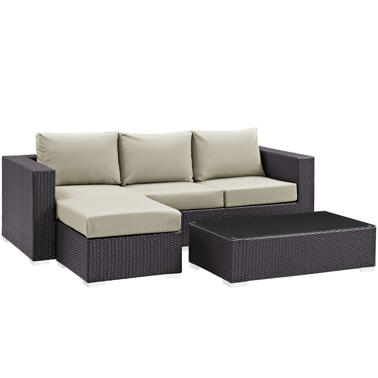 Espresso Beige wicker outdoor sectional with beige cushions, L-shaped sofa and chaise, plus square coffee table.