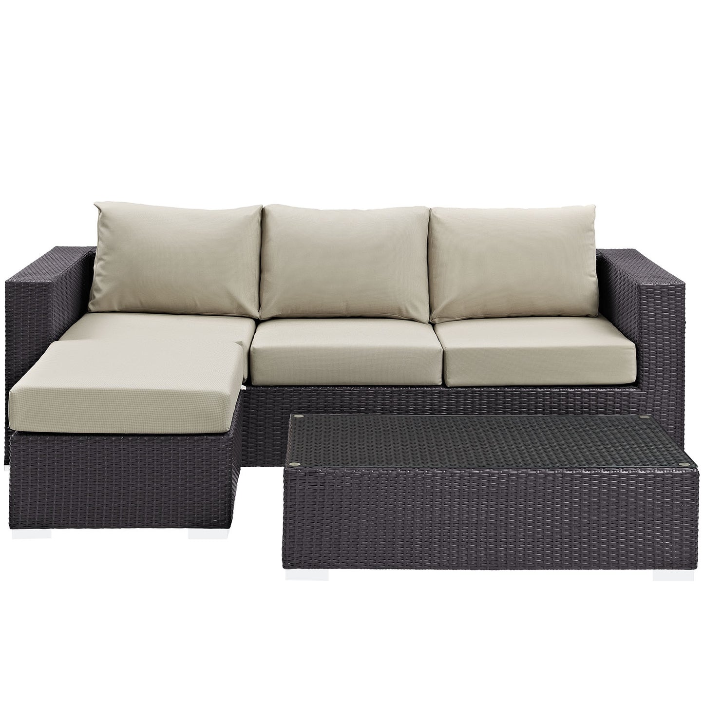 Dark wicker outdoor sectional with beige cushions, left chaise, and matching rectangular coffee table.