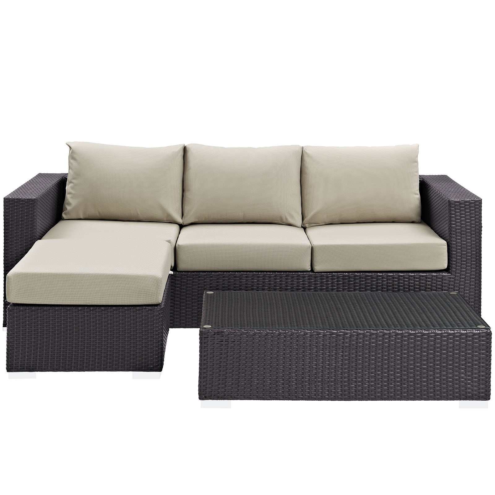 Dark wicker outdoor sectional with beige cushions, left chaise, and matching rectangular coffee table.