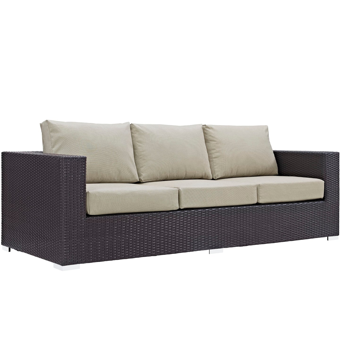 Three-piece outdoor patio sofa set with a dark brown woven frame, beige cushions and white feet.