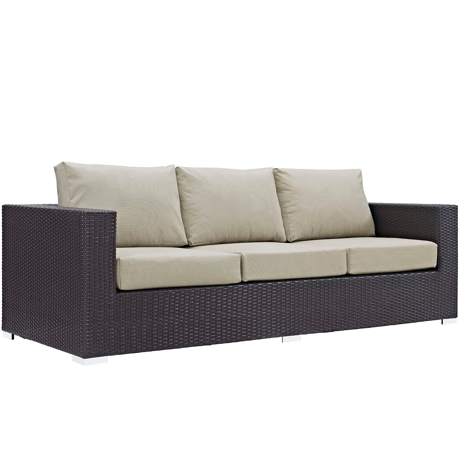 Three-piece outdoor patio sofa set with a dark brown woven frame, beige cushions and white feet.