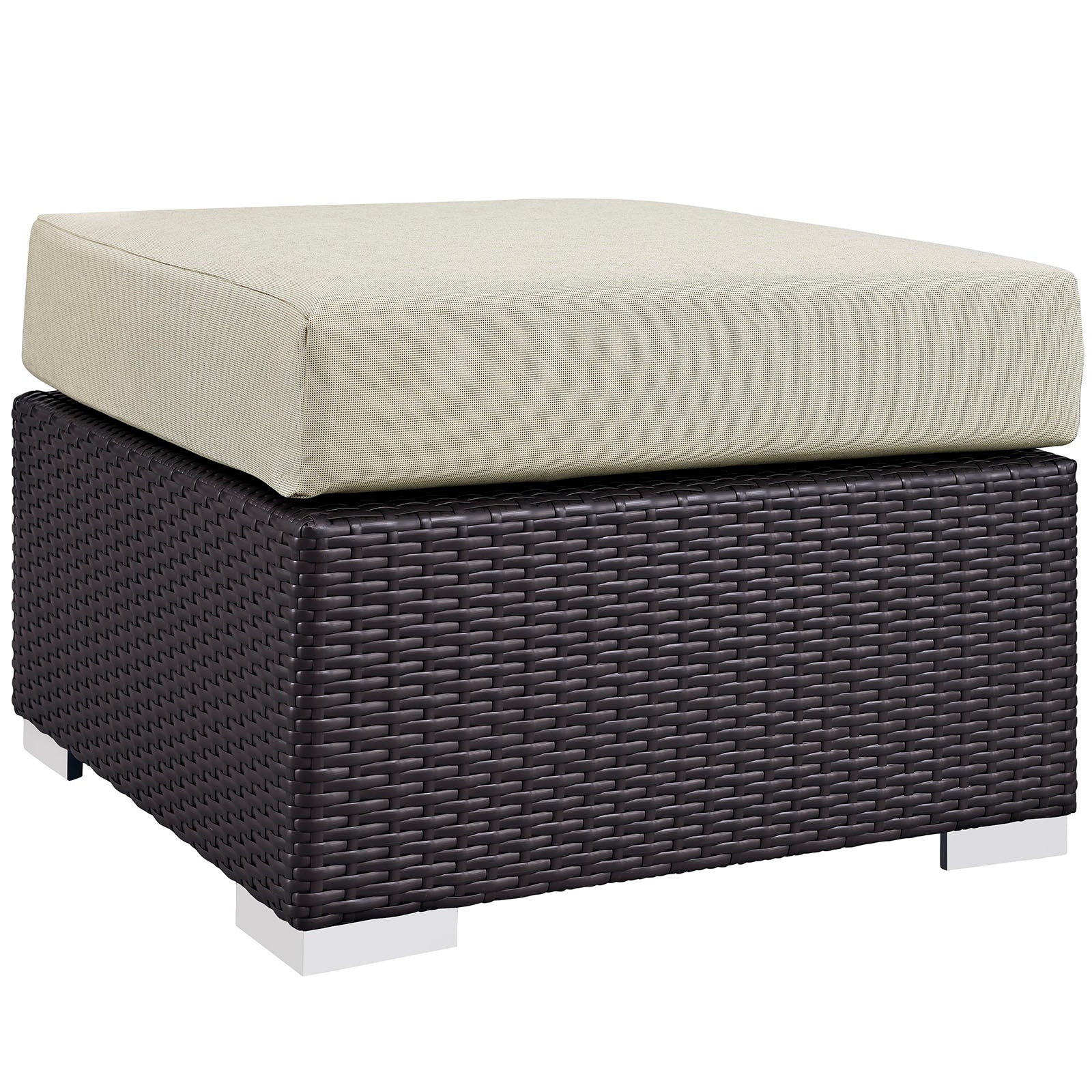Dark brown woven resin wicker ottoman with beige cushioned top, outdoor seating.