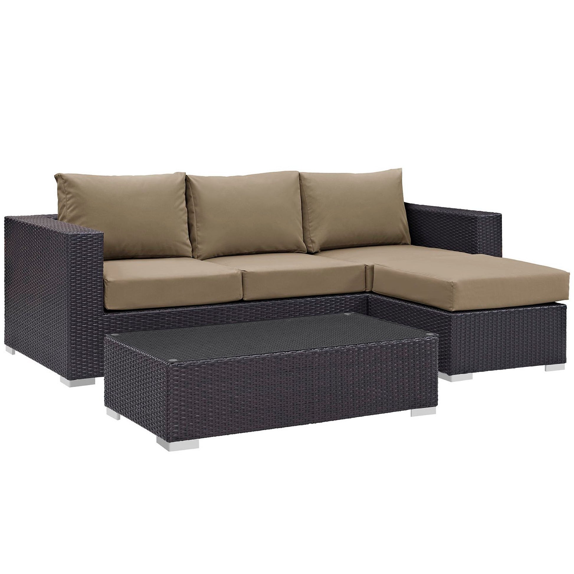Dark brown wicker outdoor sectional with tan cushions, left arm sofa plus chaise, and matching rectangular coffee table.