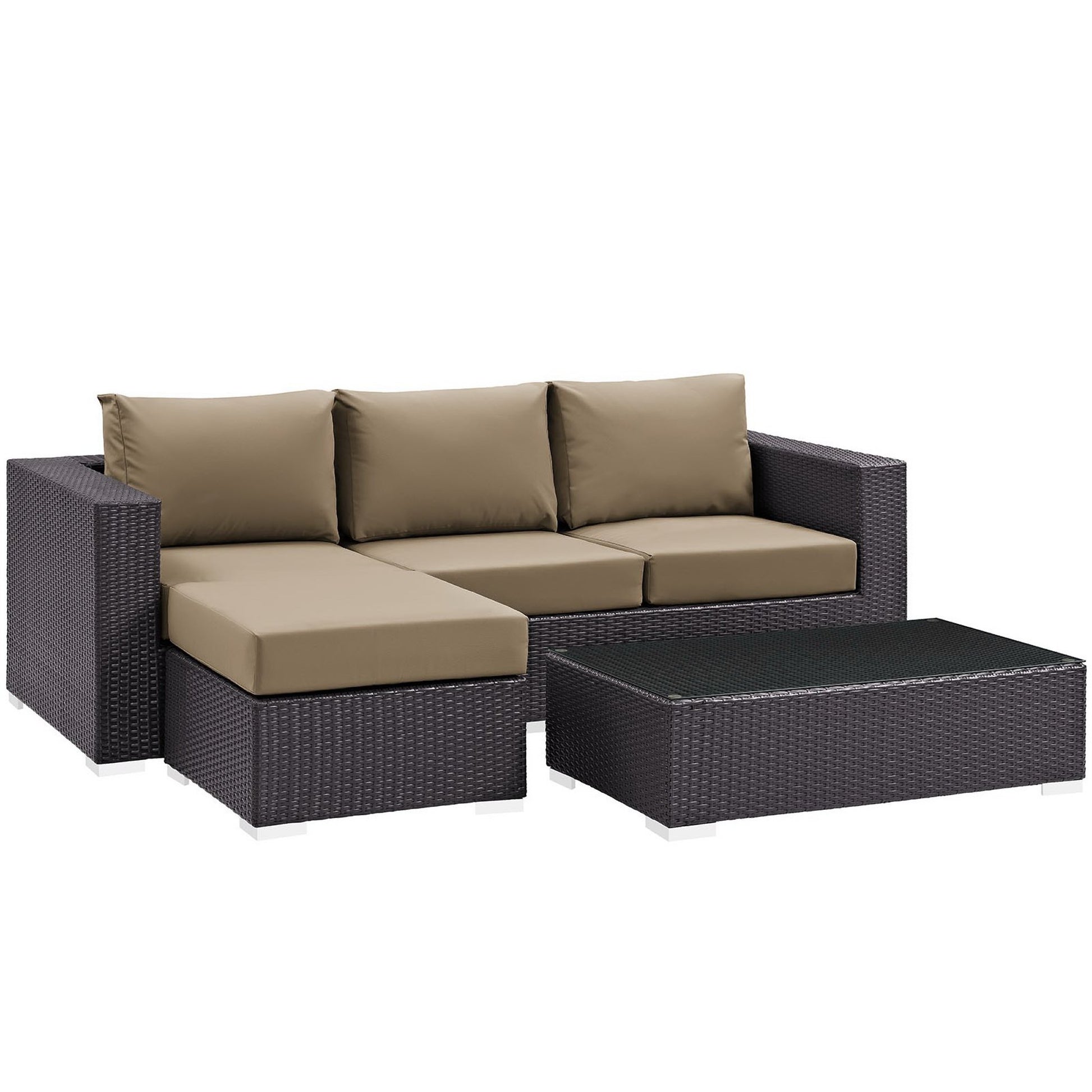 Dark brown wicker outdoor 3-piece sectional with beige cushions; L-shaped sofa and matching coffee table.