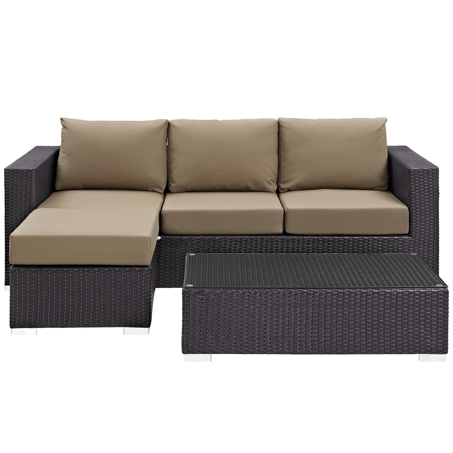 Dark brown outdoor wicker sectional with beige cushions and glass-top coffee table; chaise on left.