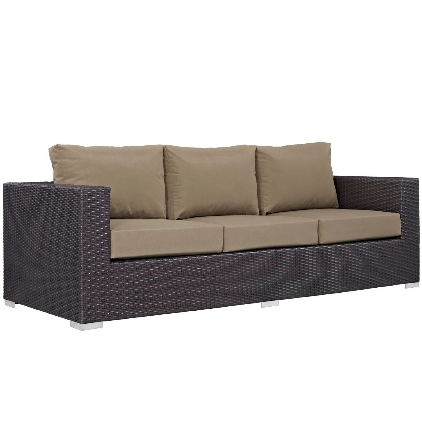 Dark brown wicker outdoor 3-piece sofa set with tan cushions and square arms on silver feet