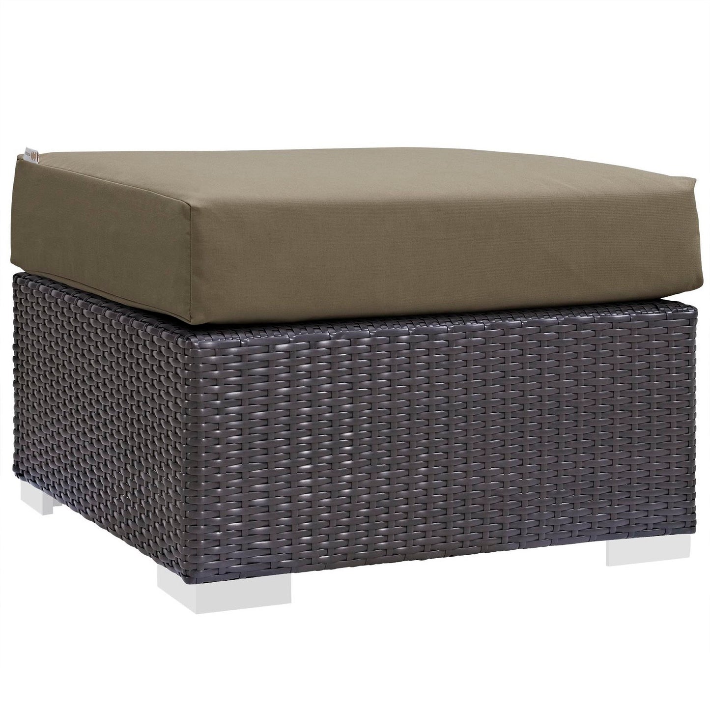 Dark brown woven rattan outdoor sofa set with olive-green rectangular cushions.