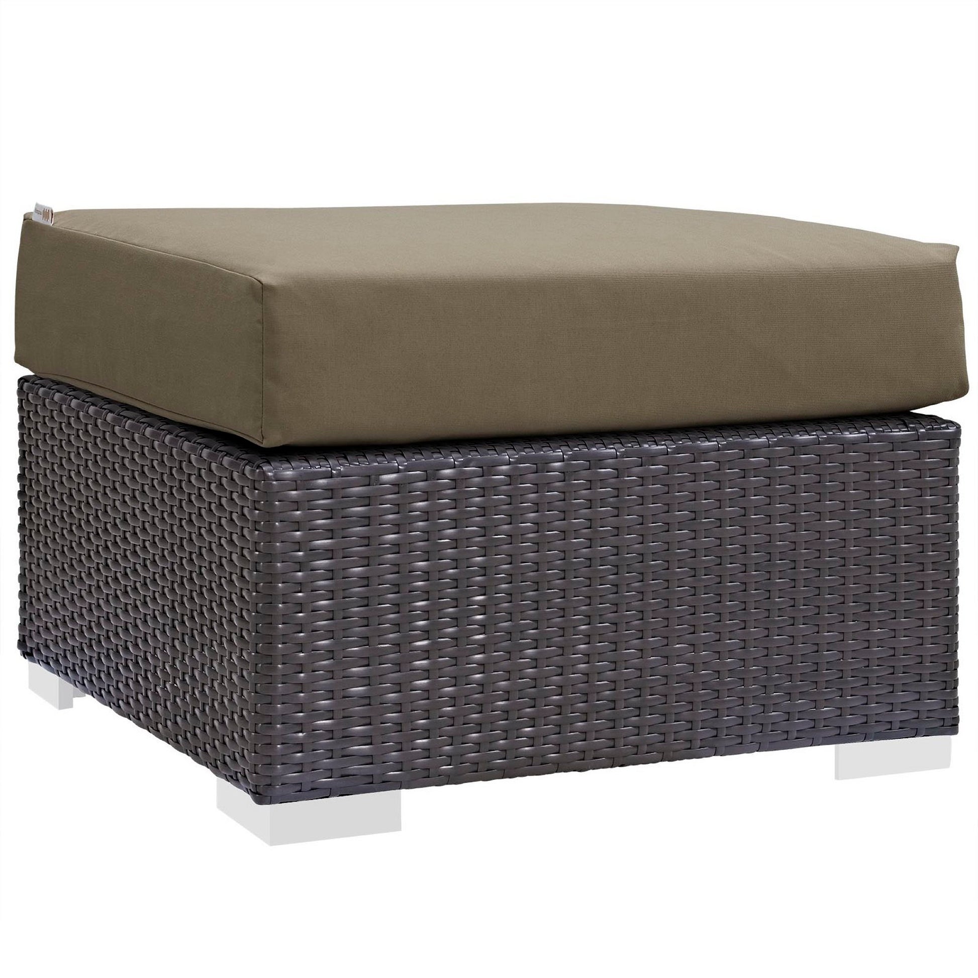 Dark brown woven rattan outdoor sofa set with olive-green rectangular cushions.