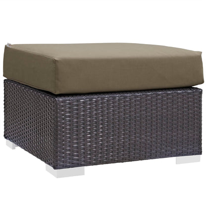 Dark brown woven rattan outdoor sofa set with olive-green rectangular cushions.