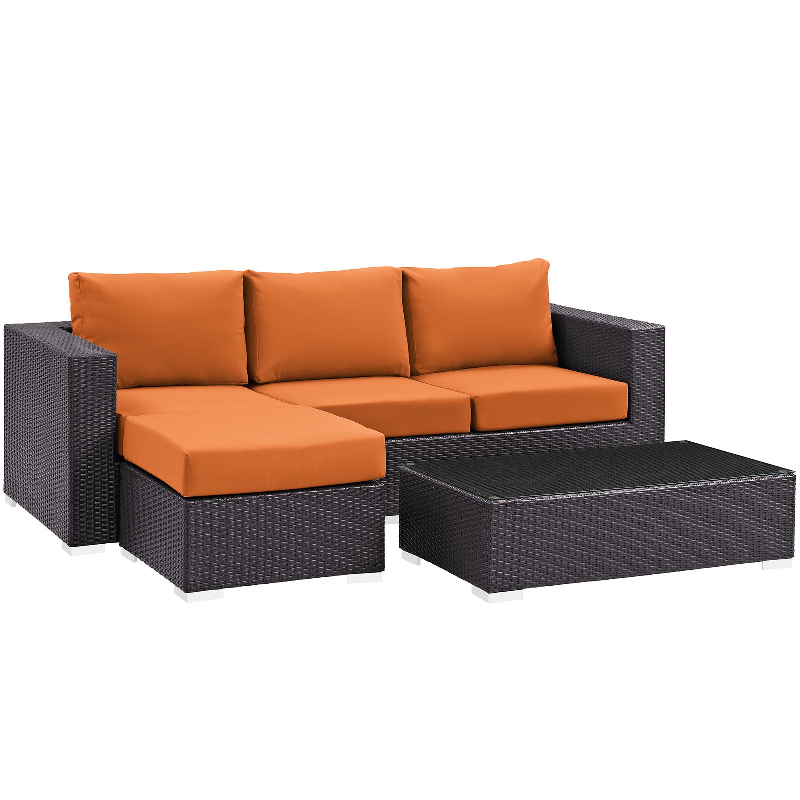 Espresso brown wicker outdoor sectional with orange cushions, left chaise, three-seat sofa, and coffee table.