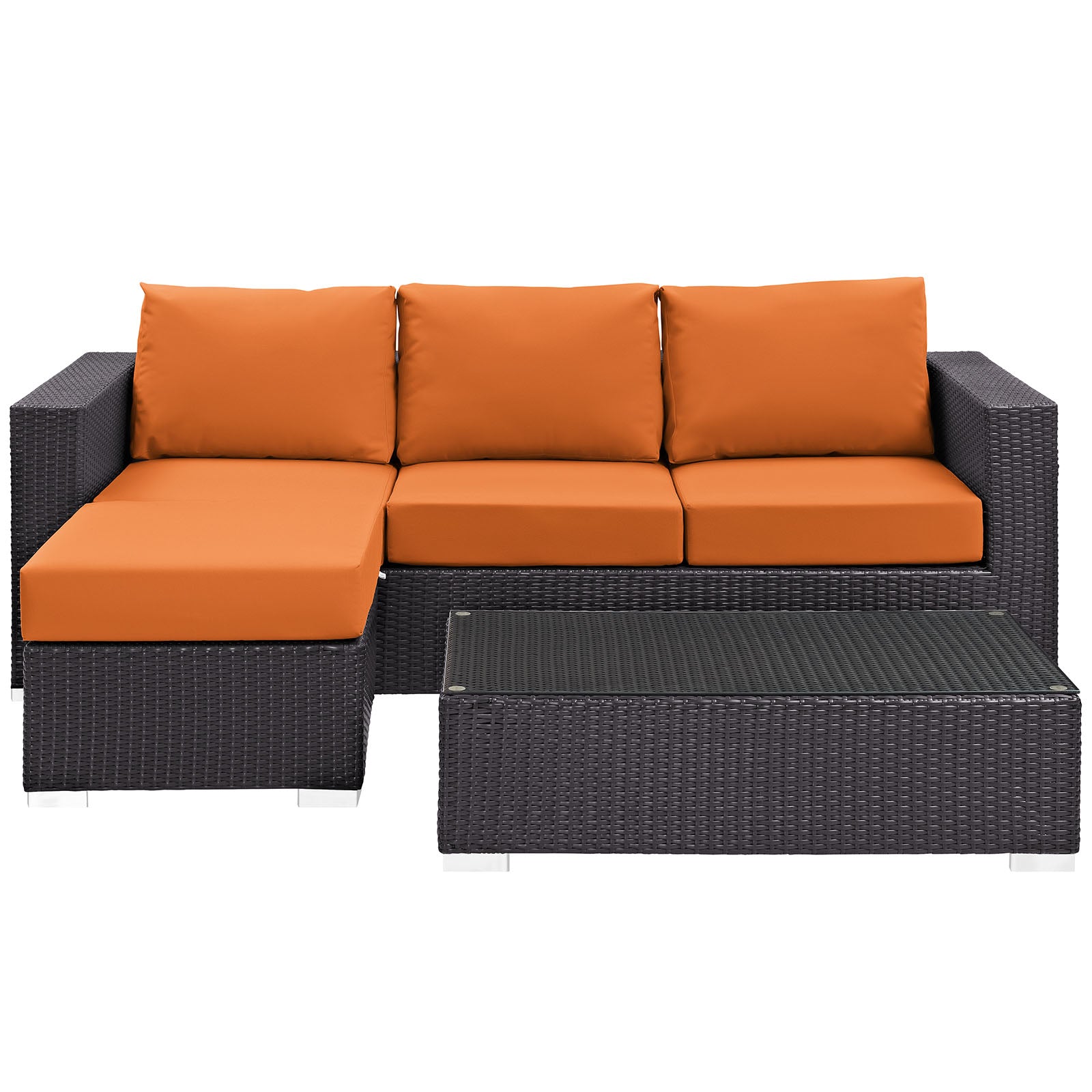 Outdoor dark brown wicker sectional with orange cushions, left chaise, and glass-top coffee table.