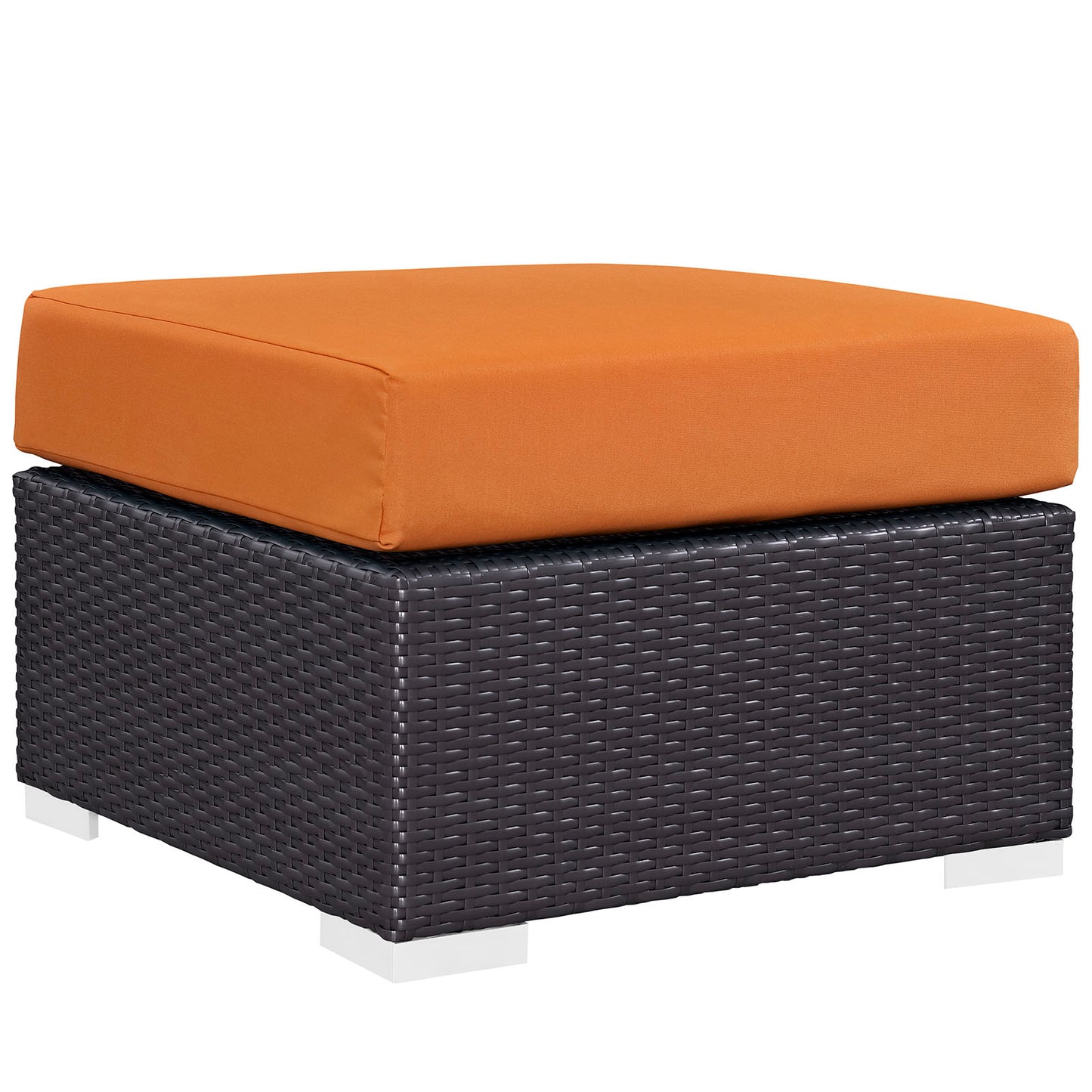 Dark brown woven wicker square ottoman with bright orange rectangular cushion, part of an outdoor patio sofa set.