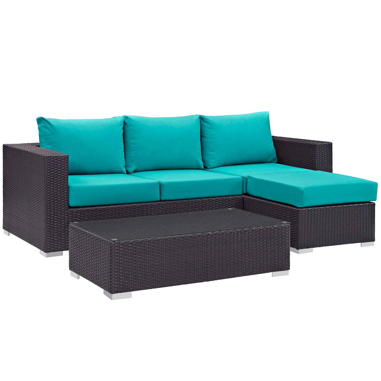 Dark brown woven rattan outdoor sofa set with turquoise cushions and a matching glass-top coffee table.