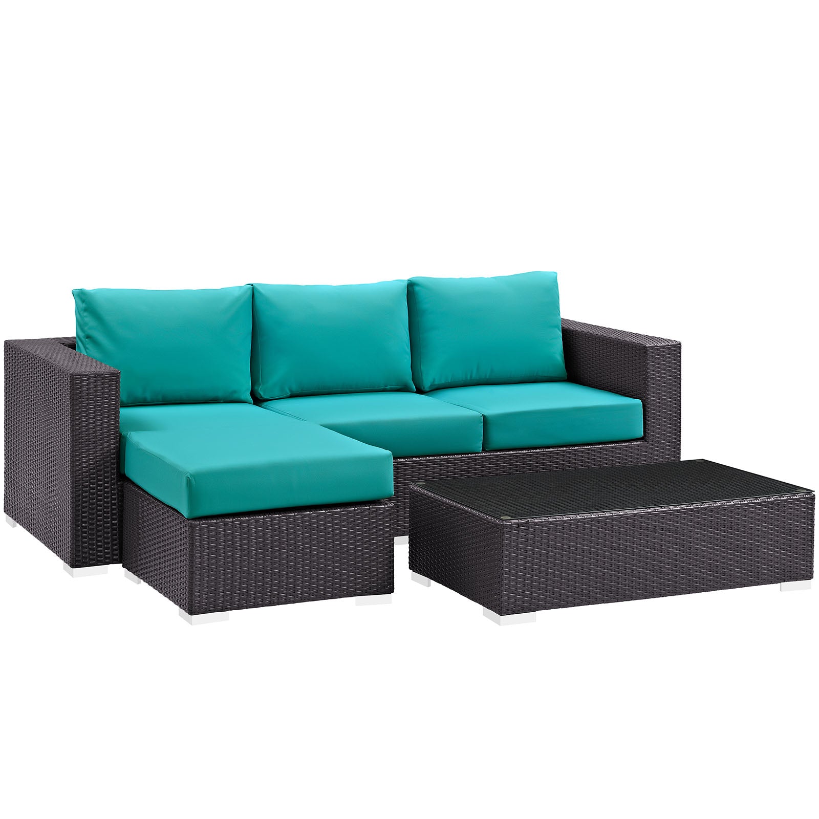 Dark brown wicker outdoor sectional with teal cushions and a matching rectangular coffee table.