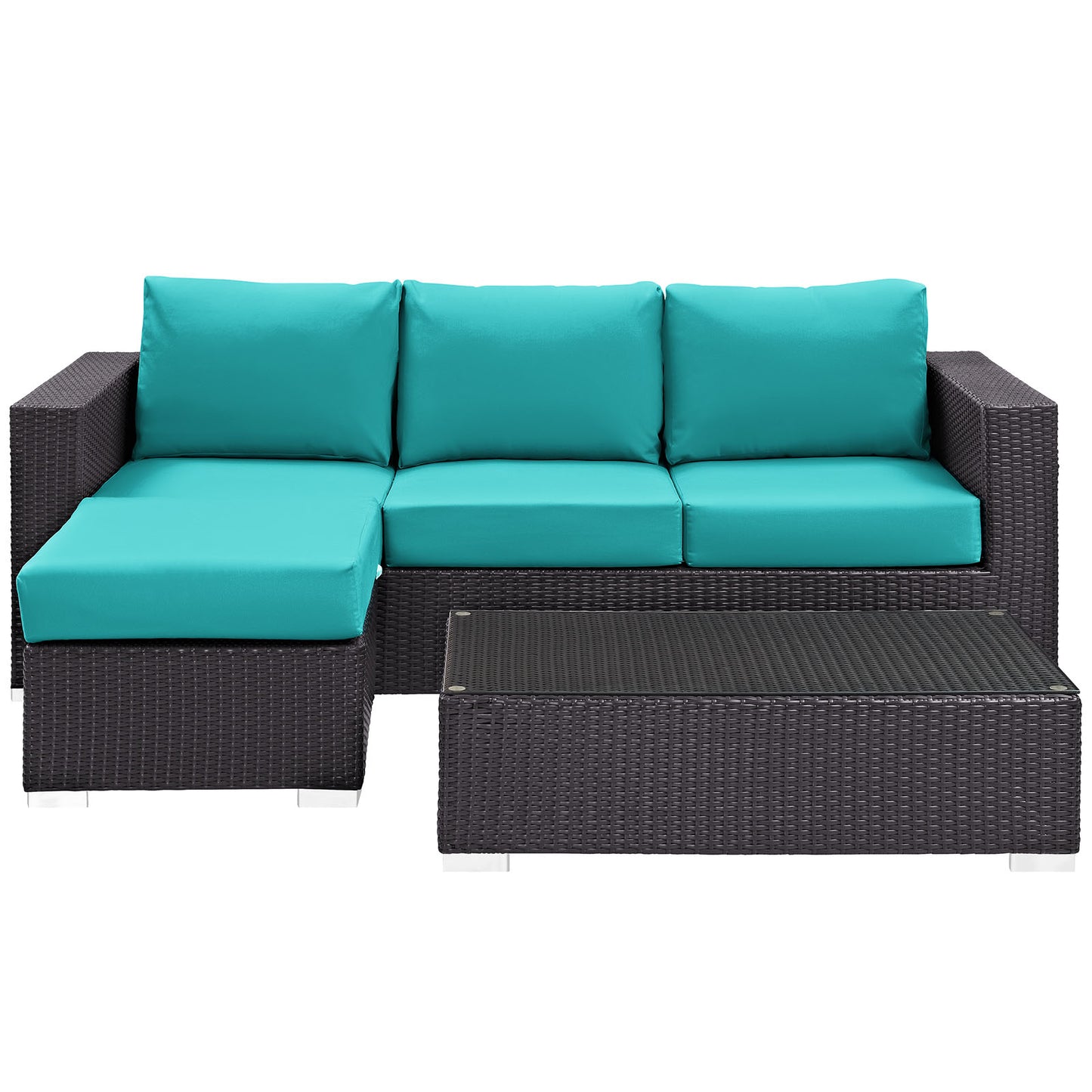 Dark brown synthetic wicker outdoor L-shaped sectional with turquoise cushions and a rectangular coffee table.