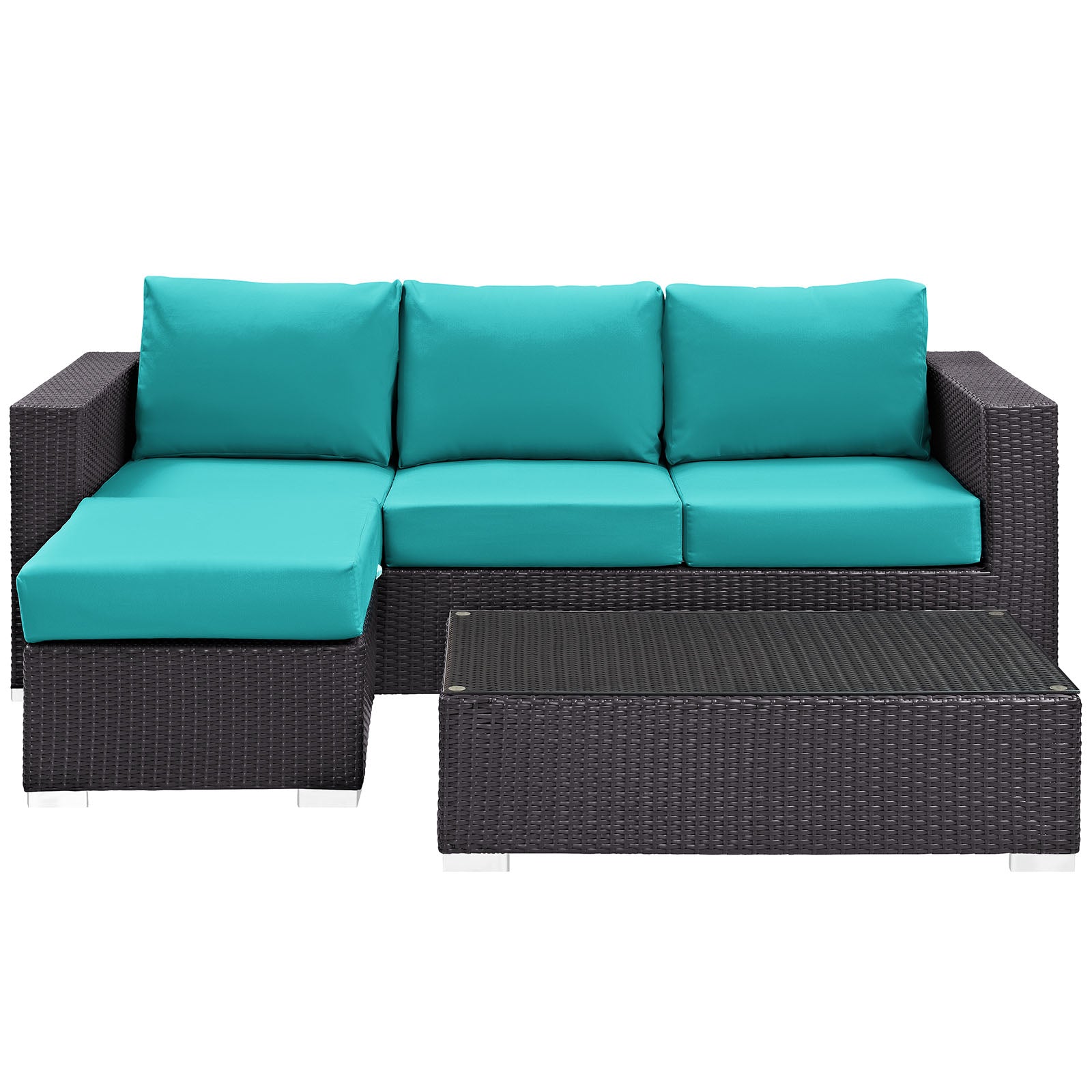 Dark brown synthetic wicker outdoor L-shaped sectional with turquoise cushions and a rectangular coffee table.