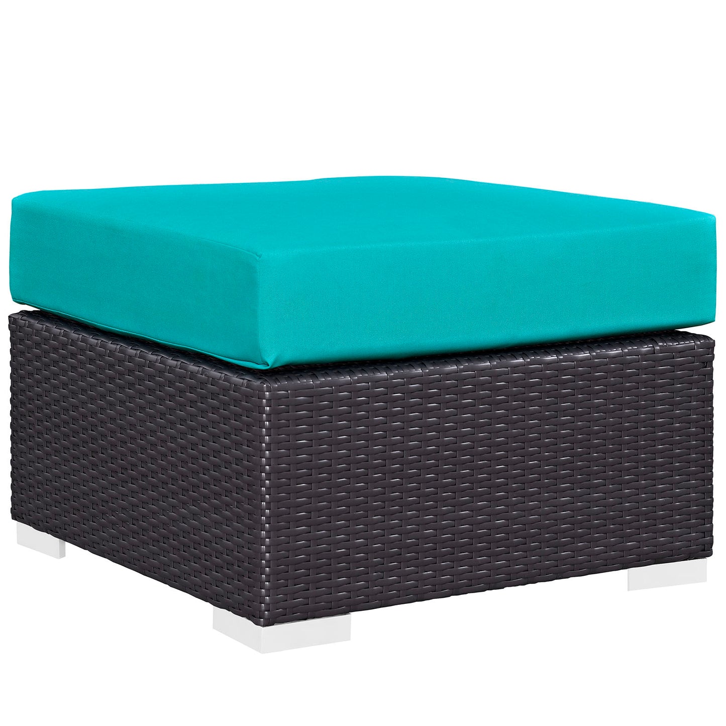 Turquoise cushions on dark brown woven rattan outdoor patio furniture, 3-piece sofa set with white feet.
