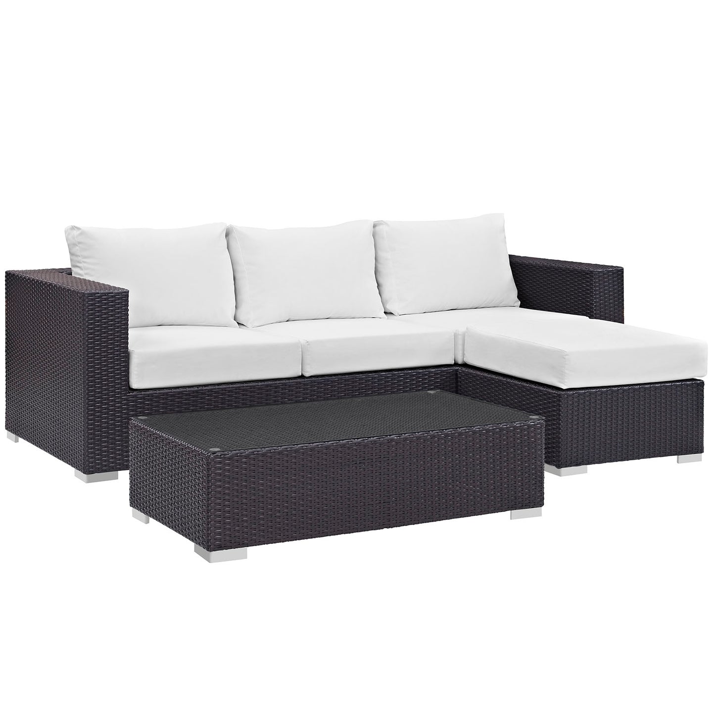 Dark brown wicker outdoor sectional with white cushions and a glass-topped coffee table.
