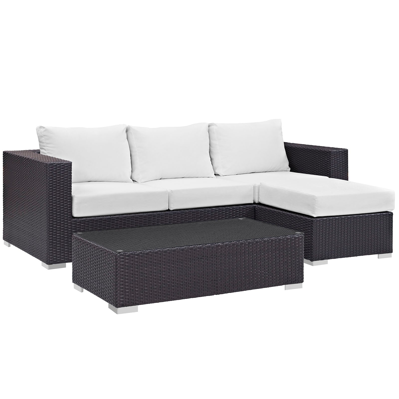 Dark brown wicker outdoor sectional with white cushions and a glass-topped coffee table.