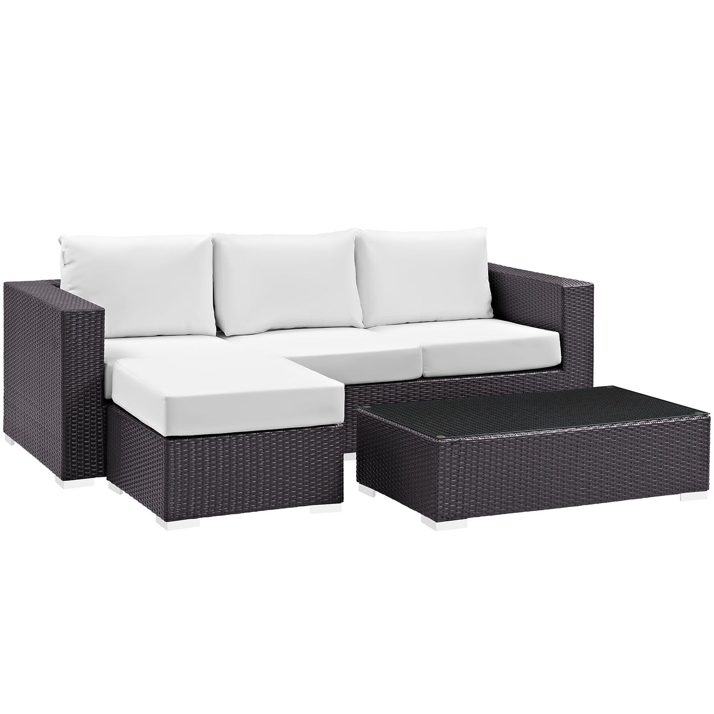 Espresso wicker outdoor sectional with white cushions, chaise lounge & matching coffee table.