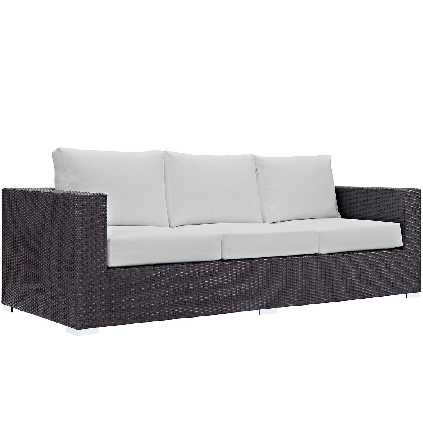 Dark brown wicker 3-piece outdoor patio sofa set with white cushions.