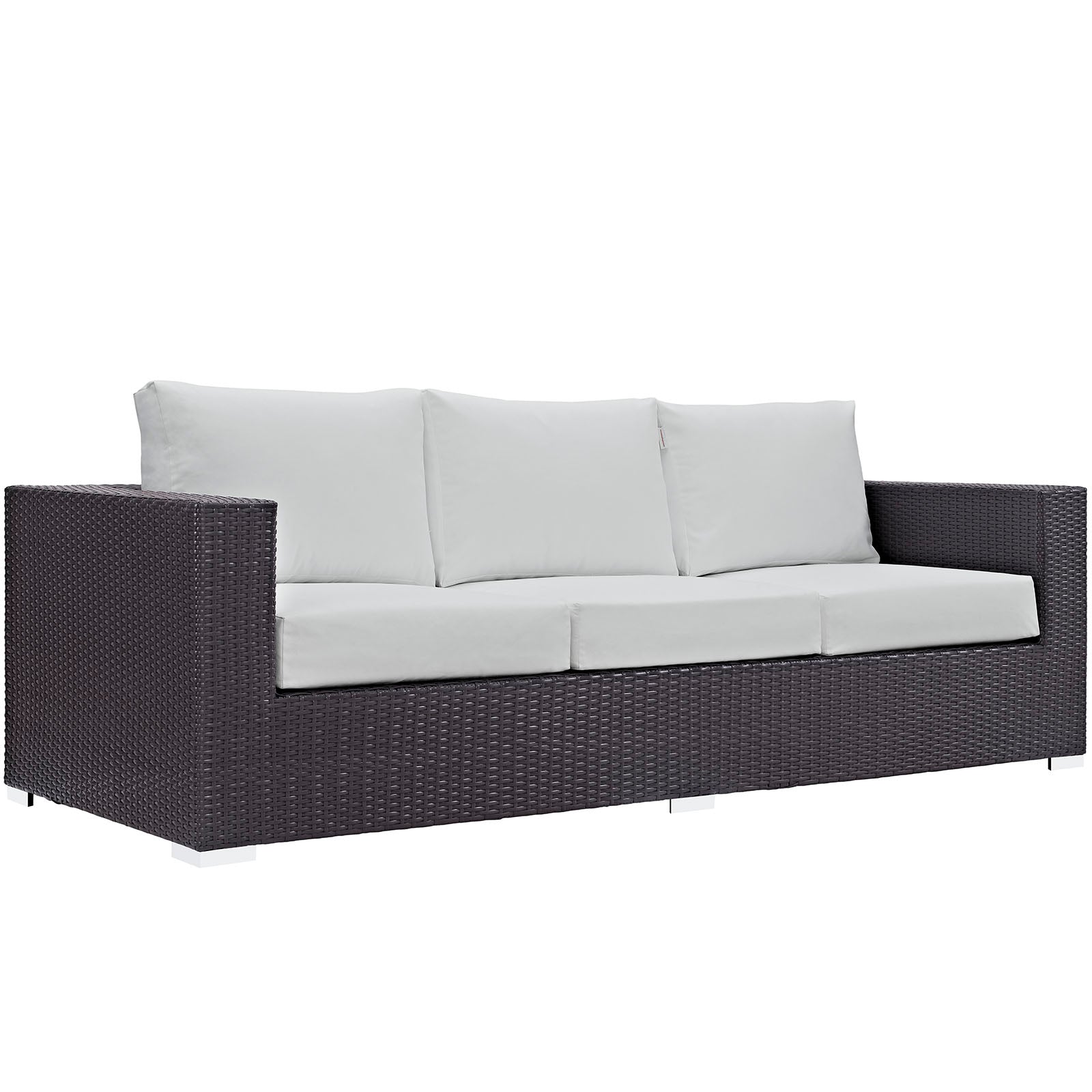 Dark brown wicker 3-piece outdoor patio sofa set with white cushions.