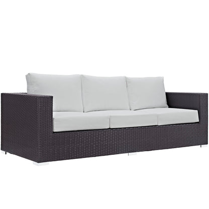 Dark brown wicker 3-piece outdoor patio sofa set with white cushions.