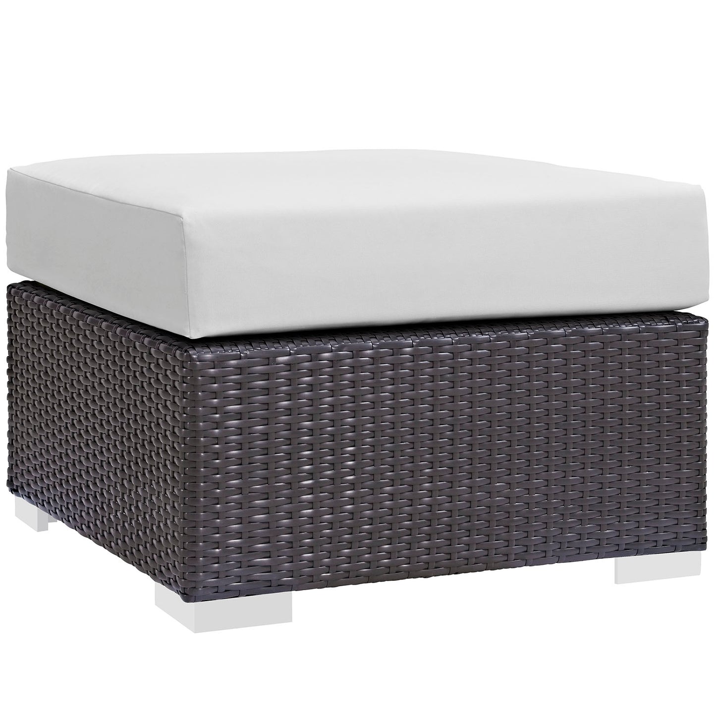 Dark brown wicker outdoor 3-piece patio sofa set with white cushions; square design for patio seating.