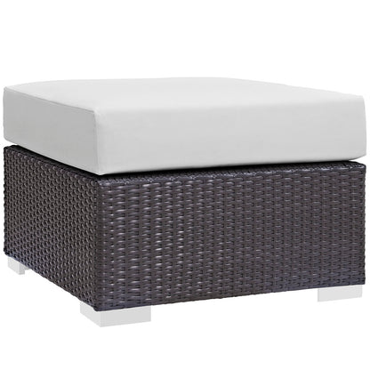 Dark brown wicker outdoor 3-piece patio sofa set with white cushions; square design for patio seating.